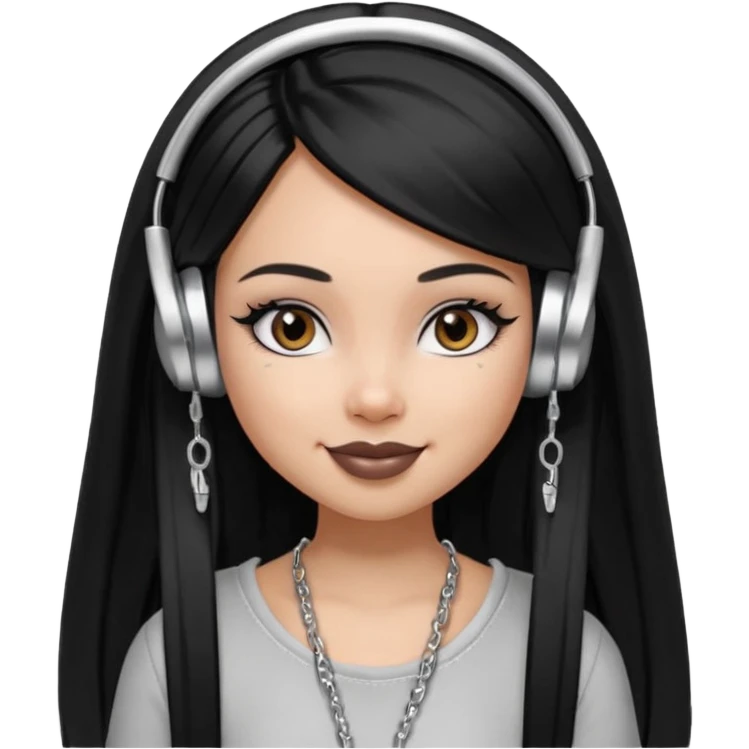 generate a pretty bratz girl with black long straight hair and silver headphones on, brown lipstick tattoo on shoulder, eyeliner on, silver hoops emoji