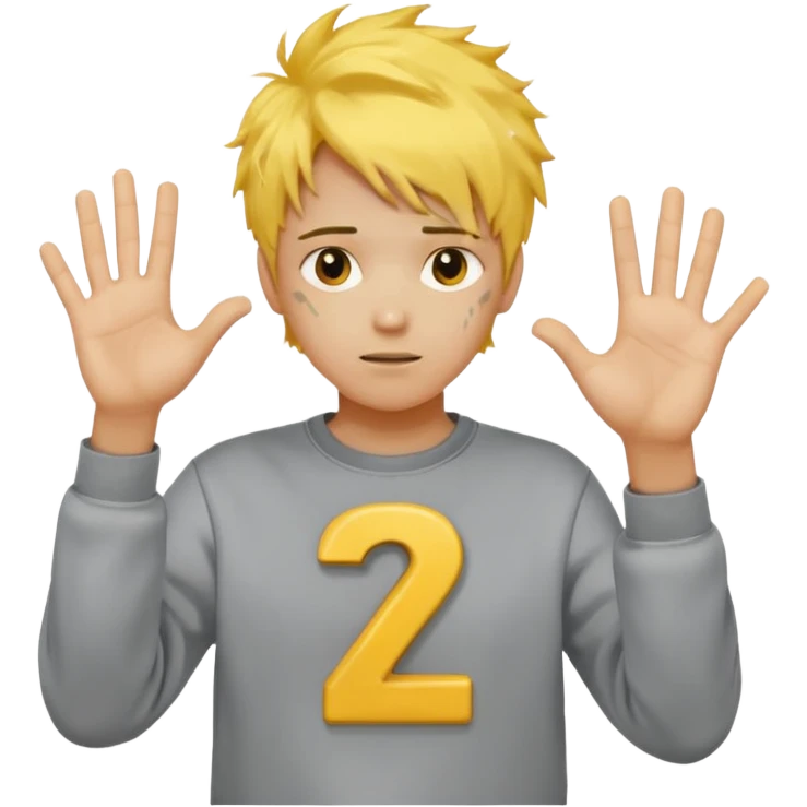 Make a guy in a grey sweatshirt and yellow messy hair hold his hands out one hand holding 6 the other holding 7 emoji