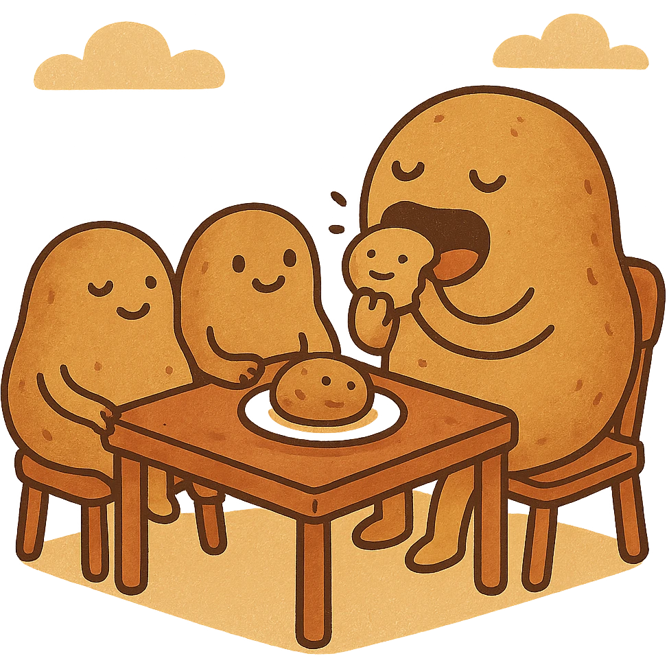 absurd and fun scene of potatoes sitting at a table, one potato eating another, bright colors emoji