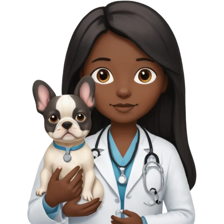 joven médico con el pelo un poco largo pero no tanto y lacio, que tenga un estetoscopio de color de piel tez negra calida !!! que sostiene un bulldog francés blanco emoji