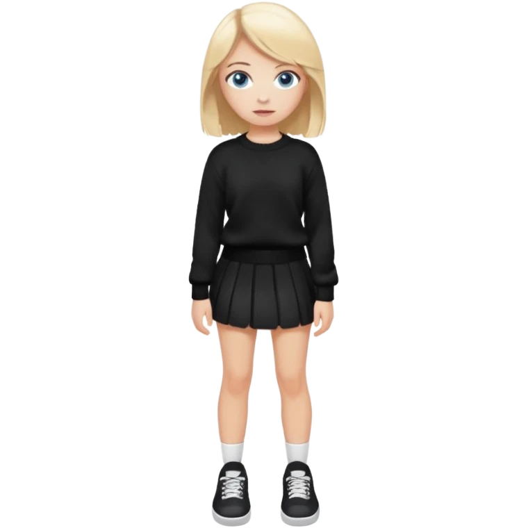 девушка с русыми волосами, голубыми глазами, в черной короткой юбке и вязаной черной кофте с дырками, в белых кедах emoji