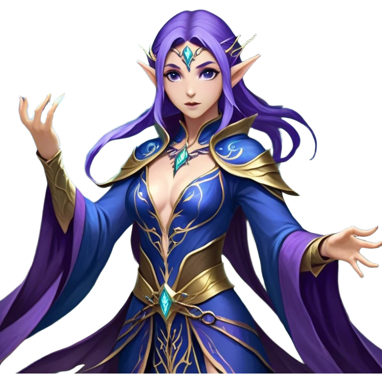 Cinematic Realistic WoW Elf Mage Portrait, captured in a dynamic, battle-ready stance, her graceful form exuding raw arcane energy. Her luminous skin and delicate features, set against an intricately detailed robe in consistent deep blues and purples with golden accents, are rendered with lifelike texture and dynamic, magical lighting, high shine, fierce and commanding, embodying the relentless spirit of an elven sorceress mid-spell. emoji
