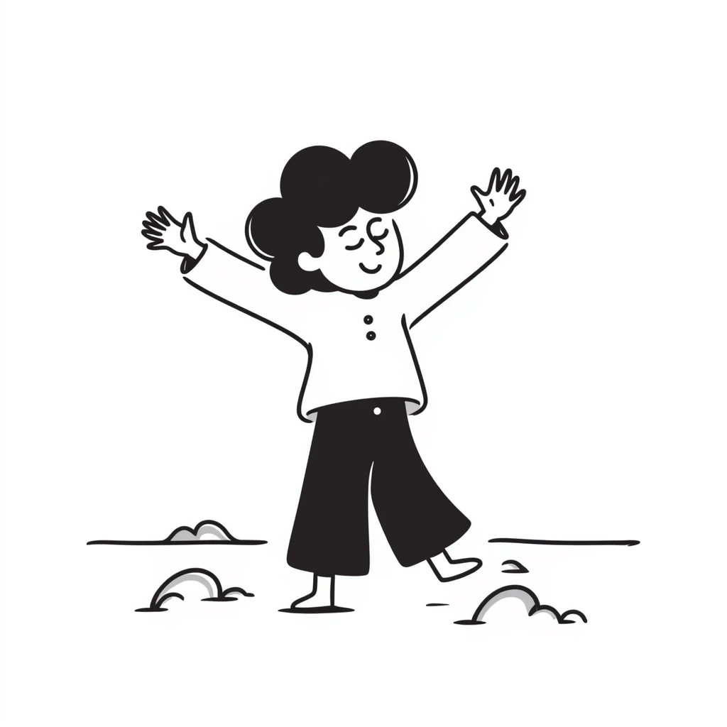 Whimsical character dancing with arms up on beach, sunshine highlighting their silhouette, playful tralalala mood, ocean waves emoji