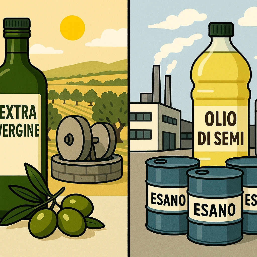 comparison image: left side with a green 'Extra Vergine' bottle, olives, olive mill, sunny fields; right side with a 'Olio di semi' bottle, factory, chemical barrels labeled 'Esano'; simple, communicative illustrative style emoji