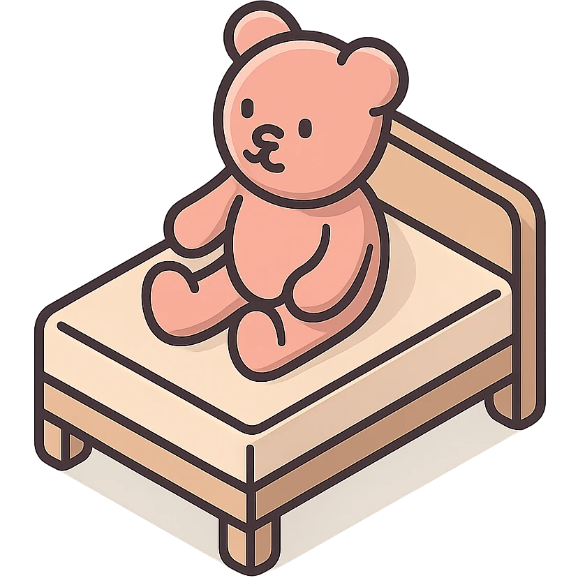 Add a cute teddy bear sitting on the bed, keep the minimalist isometric style and pink color, no background. emoji