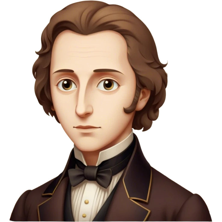 Cinematic Realistic Chopin Portrait Emoji, depicted as an introspective composer with expressive eyes and period attire, rendered with rich textured detail and soft classical lighting that captures his emotive musical genius. emoji