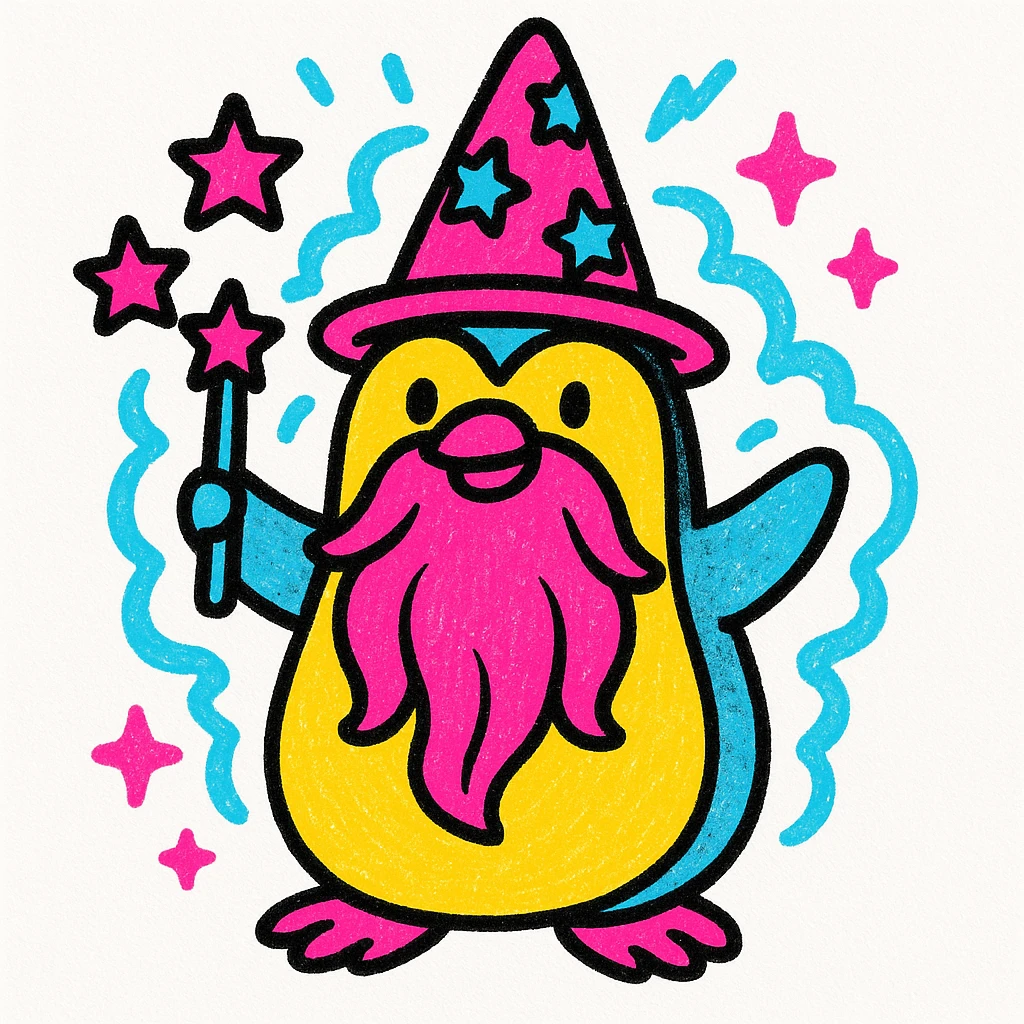 a stylized penguin wizard with a long beard, magical aura, and starry hat, in a bold, graphic pop colors style emoji