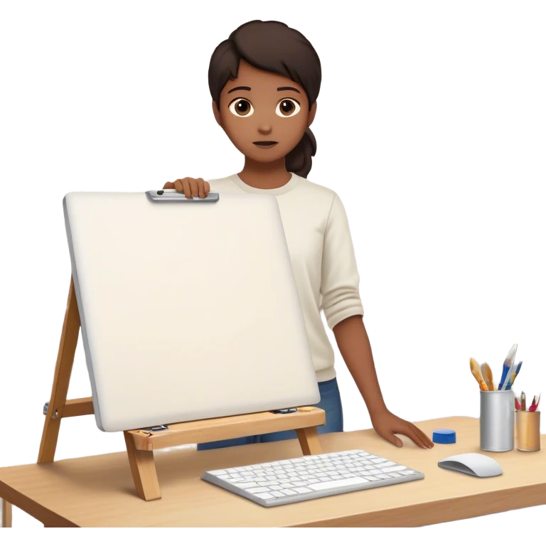 A person is **standing up from their desk**, a determined look on their face. In front of them is a **blank canvas, an open laptop, or a workbench**—a symbol of **taking action**. Their **future self**, glowing with confidence, is **guiding their hands as they type, paint, build, or create something emoji