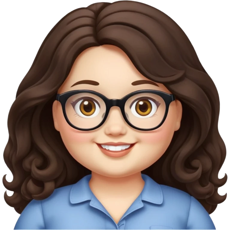  woman, long dark brown wavy hair, very light fair skin, hazel eyes, glasses, very chubby, doll style face,  emoji