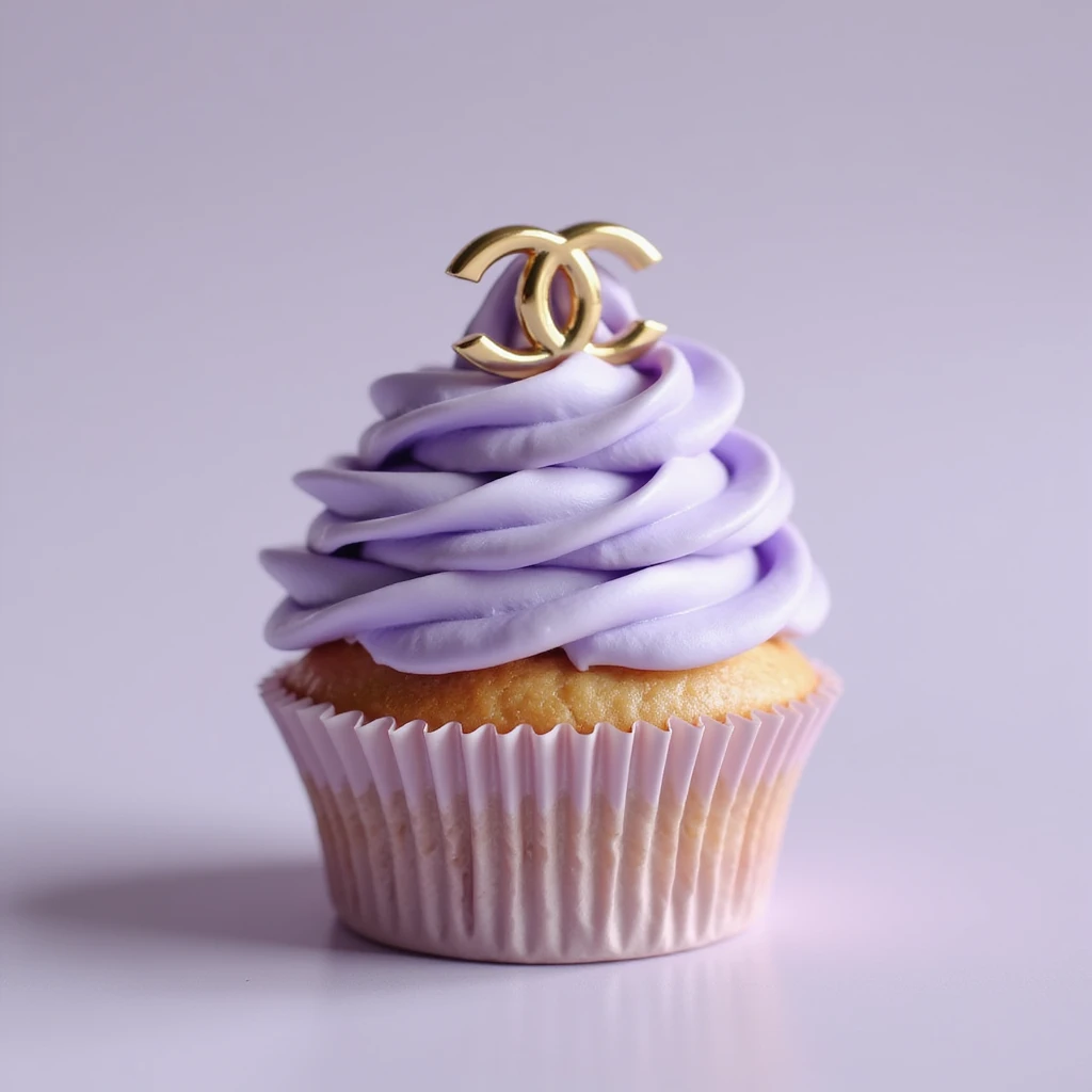 photorealistic pastel lavender Chanel cupcake with a gold logo accent, luxury style, no background emoji