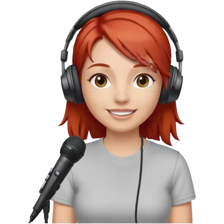 Female, happy, wearing headphone having mic, t-shirt, red hair
 emoji