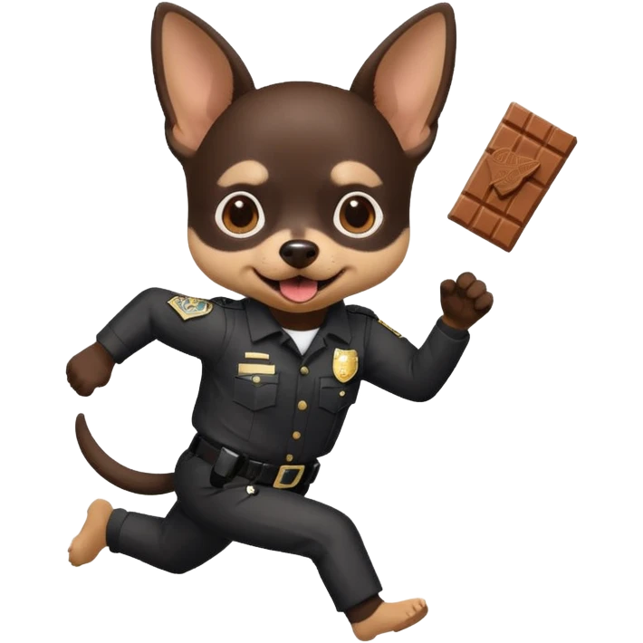 black chihuahua with white and black prison suit running from police with chocolate in its mouth emoji