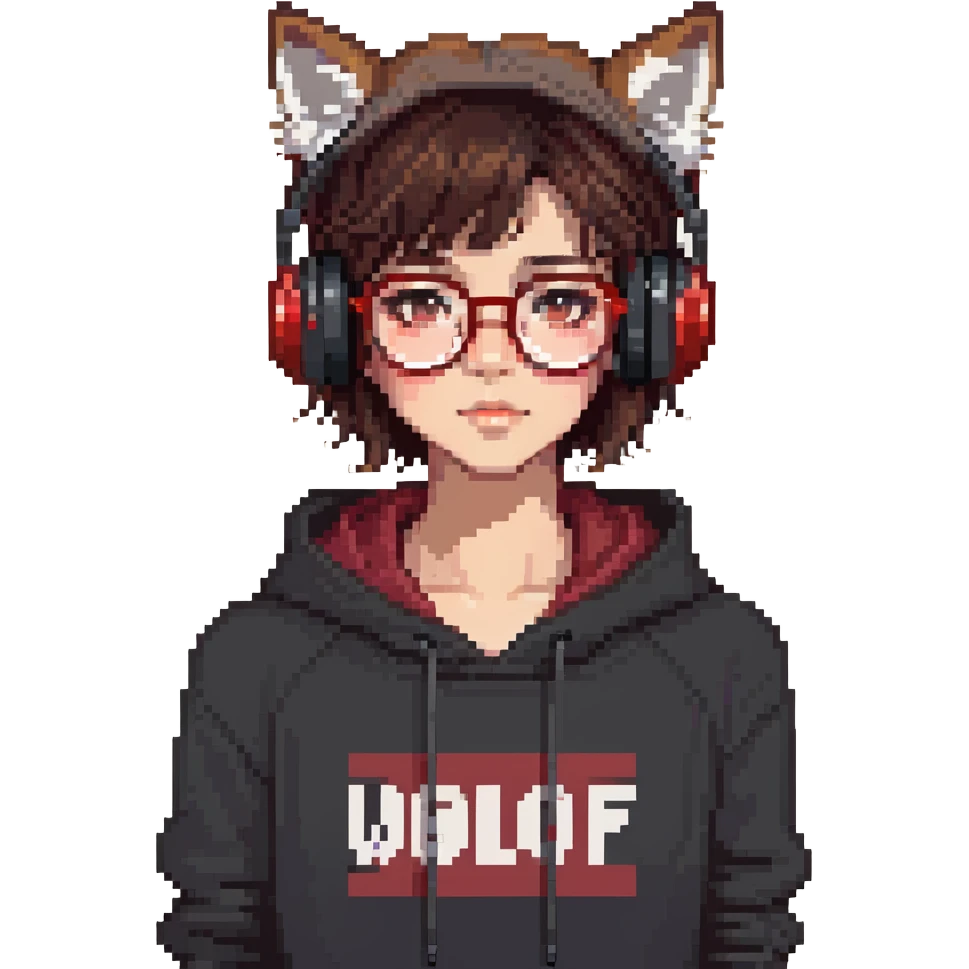 tan brunette girl with a short wolf haircut, round ruby glasses, black headphones, and a black hoodie emoji