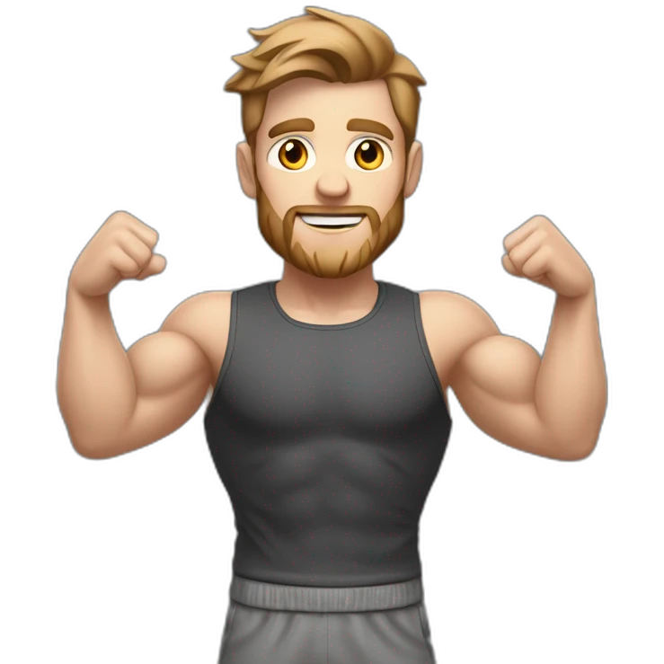 Close up Actively gesturing  with hands Pale skinned Fit Man With the biceps and brown hair in dark gray Sleeveless Mike, black oversize sports shorts, watch and white Sneakers emoji