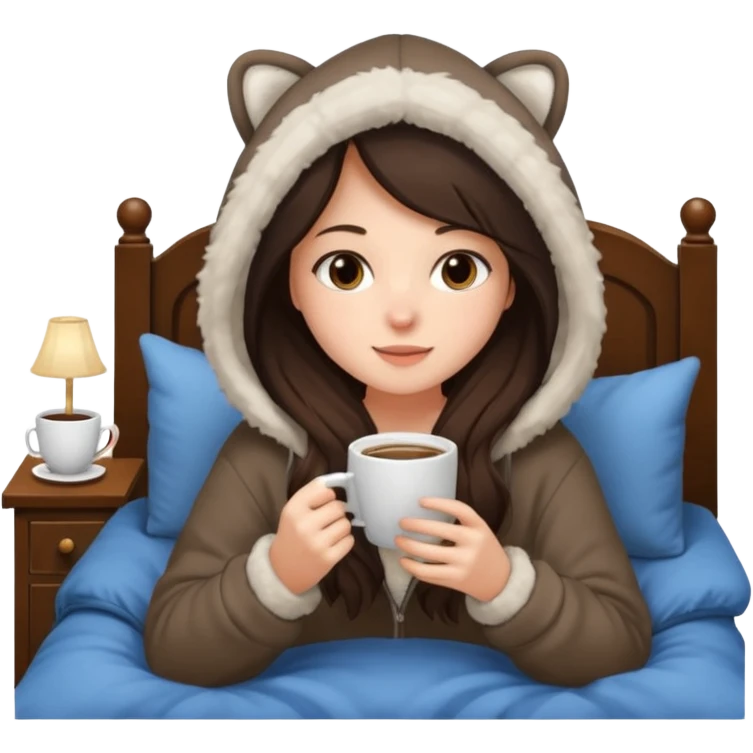 a brunette girl sitting cozily in her bed and a fur hoodie sipping coffee emoji