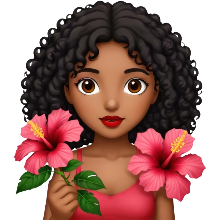 Girl with brown skin with black curly hair holding hibiscus flowers emoji