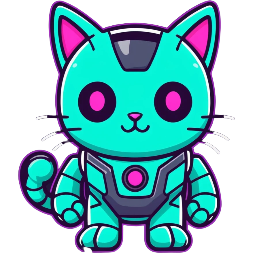Robot cat saying : the betterment of the world can be accomplished through pure and goodly deeds in neon text emoji