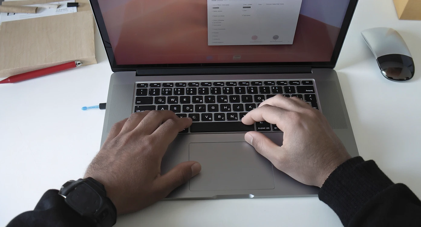 POV shot, Man writing on macbook pro keyboard, minimalistic environment emoji