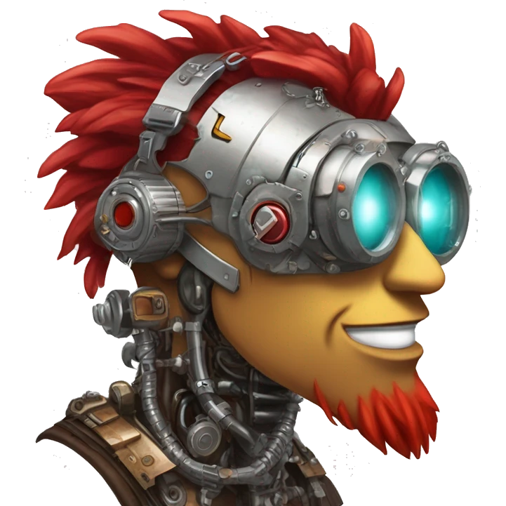 cyborg head with red Mohawk, red beard. silver steampunk monocle goggles a smile and circuits emoji
