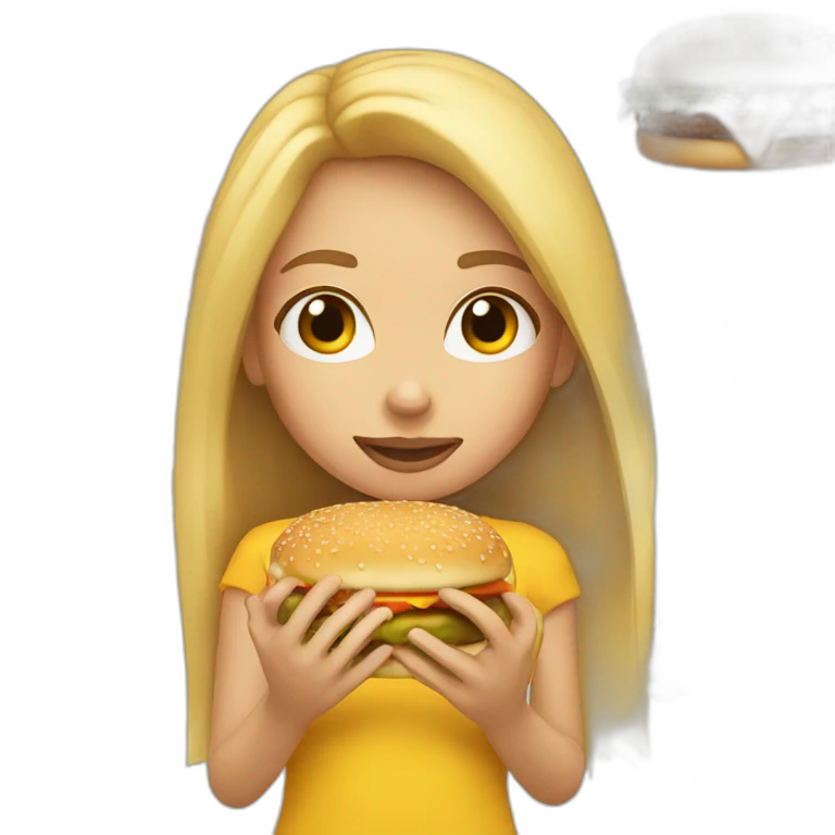 girl with straight, long, blonde hair eating a cheeseburger emoji