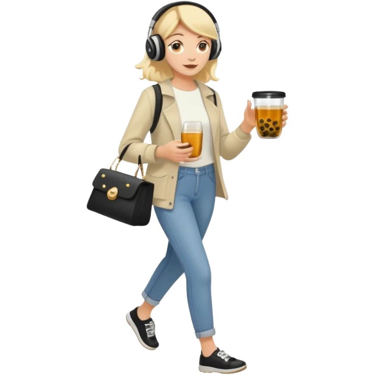 a young woman full length walks with headphones on with a caviar toast in one hand and herbal tea in the other hand emoji