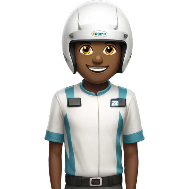 smiling boy in white shirt in a racing helmet emoji