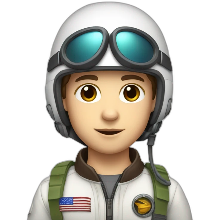 A white young boy with dark brown eyes and dark brown hair and a airplane pilot suit and a radio helmet emoji