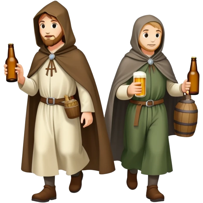 medieval pilgrims walking on a journey path with cloaks and beer bottles emoji