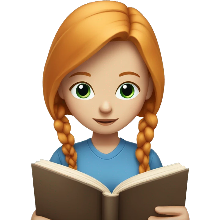 Ginger girl with straight hair and blue eyes reading book emoji
