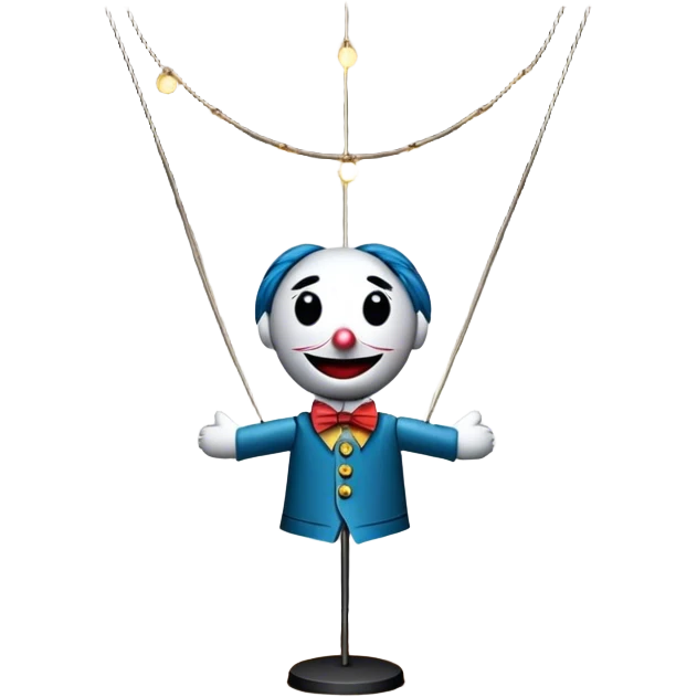 Icon for Puppet Theater: a puppet on strings with theatrical curtains in the background, along with a small stage and dramatic lighting. The icon should represent the whimsical and artistic nature of puppet performance. Transparent background. emoji