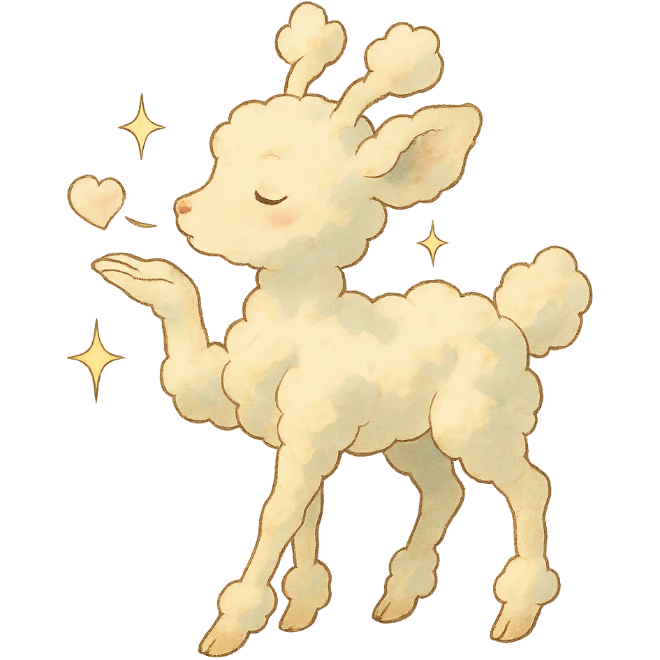 vanilla-colored cloud doe with sparkles, soft ghibli style, blowing a gentle kiss emoji