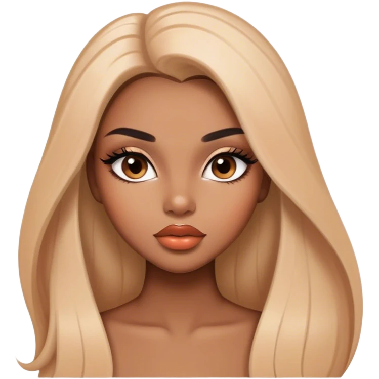 Glamourous, light brown skin tone, very beautiful girl, with big plump peach-beige lips, long long lashes, black straight smooth silky long hair, straight parting hair, brown eyes emoji