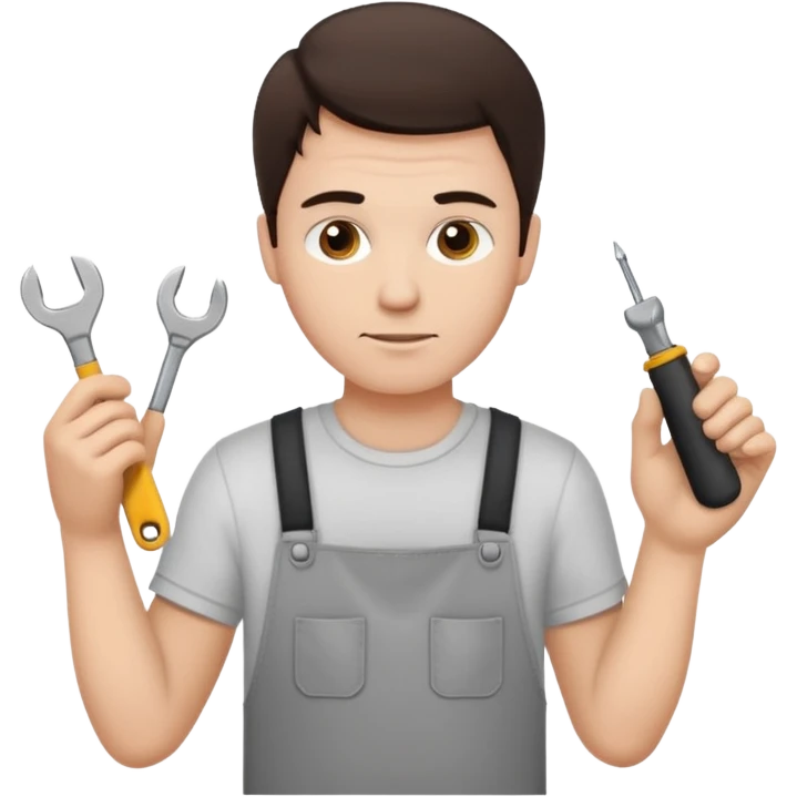 make a white guy with dark brown hair, with a simple white o grey shirt, repairing an iphone, un tecnico emoji