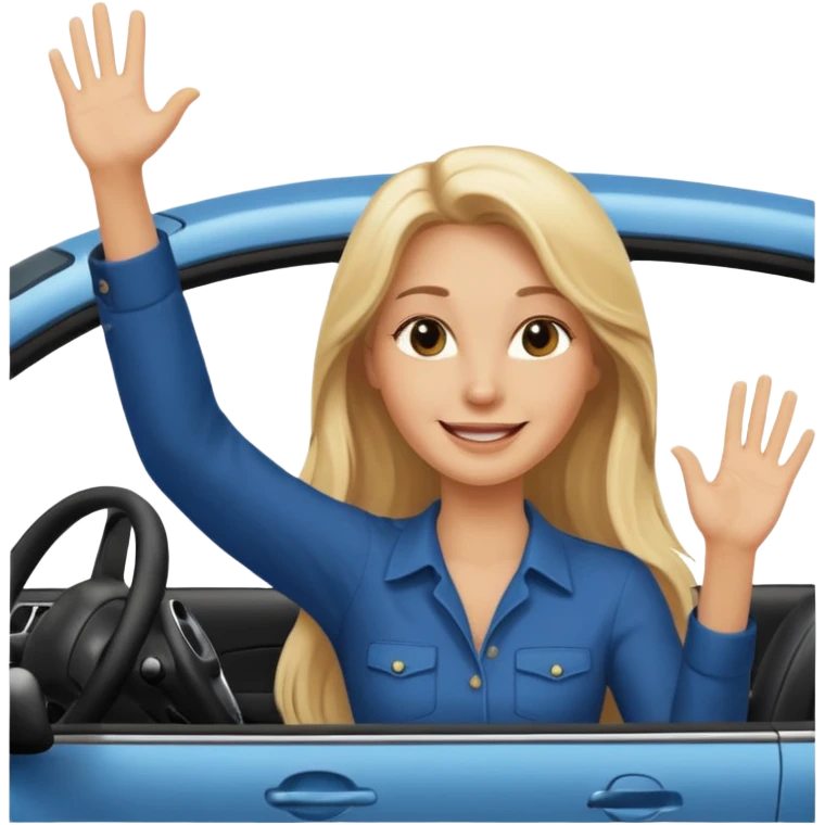blonde long hairwoman driving car. one hand up Happy face confidence emoji