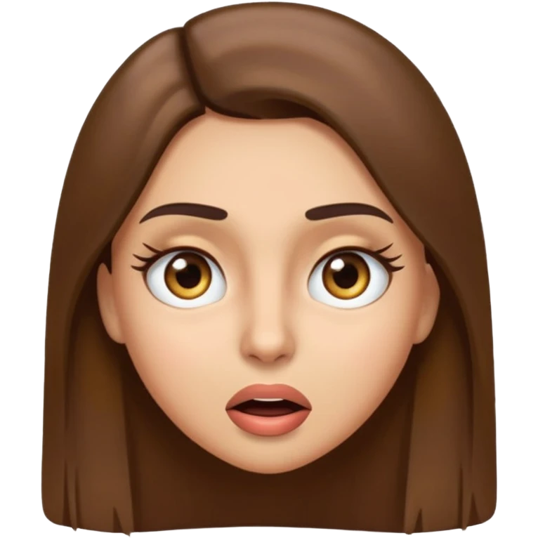 emoji style face of a woman with long straight brown hair, brown eyes, thick eyelashes, light olive skin tone, surprised expression emoji