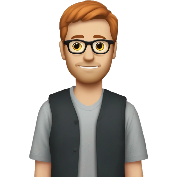 Man with short auburn hair and round glasses looking for a vinyl record outside a house emoji