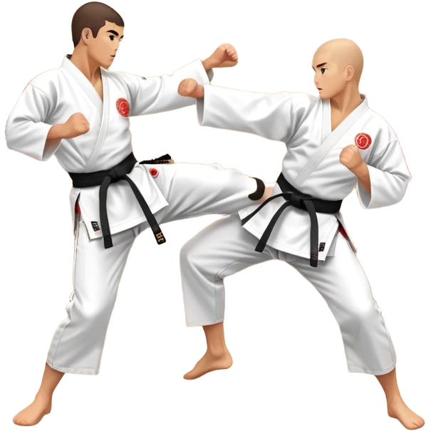 Two karate fighters in traditional gi sparring. One executes a high kick aimed at the opponent’s head, while the other blocks with a strong hand defense. The background features a classic dojo with wooden flooring and banners. Dynamic motion and focused expressions. Transparent background. emoji