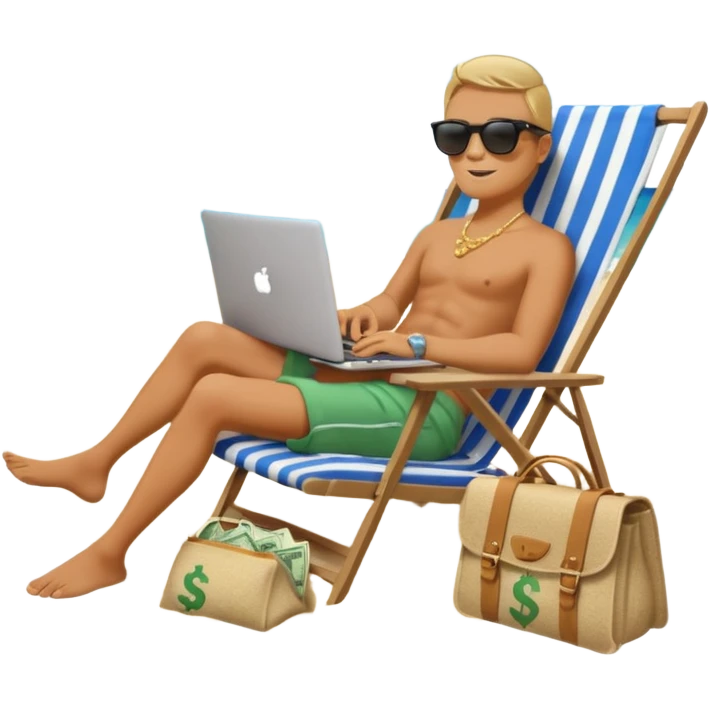 Emoji-style person relaxing on beach chair with laptop and money bag, “$20K” written in sand, sky gradient background, calm and successful tone emoji