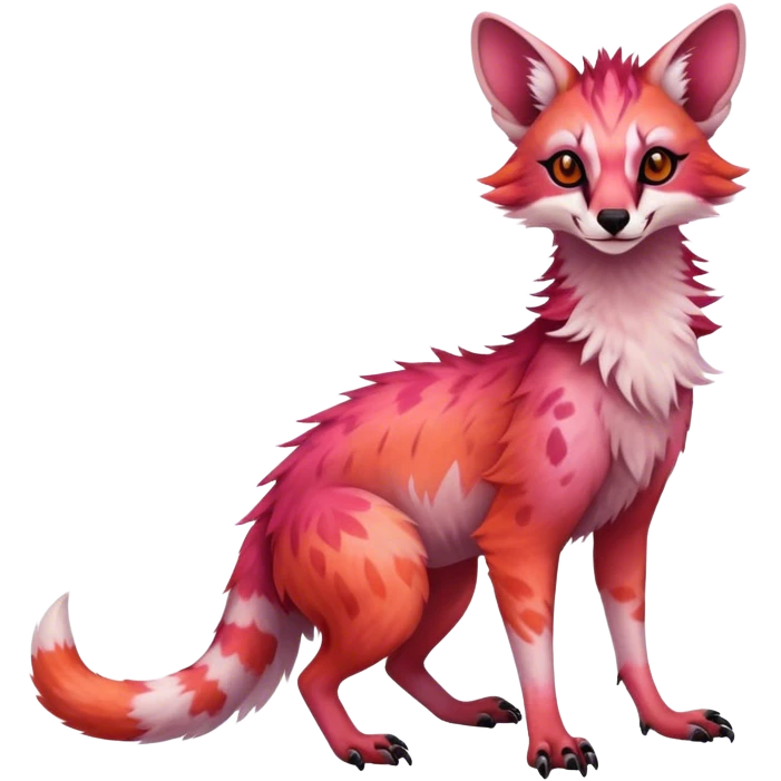 Feral Rare Fantasy dark vibrant gradient-pink-red-orange Vernid-Sergal-Genet-species by LiLaiRa, random markings, tufted ears, full body, 4 legs emoji