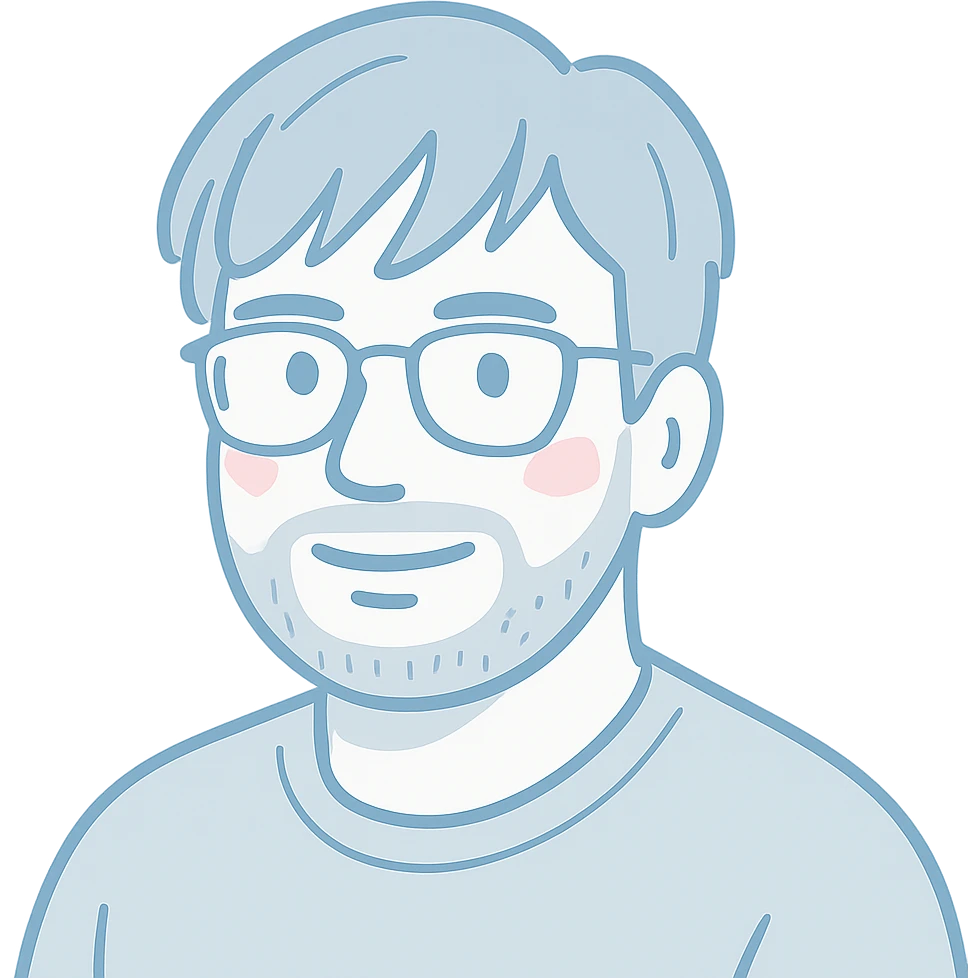 A man with glasses, stylishly messy longer hair with cool well-defined bangs, a naturally round face shape, and a broader nose. Use faded light blue colors for the main outlines, pink highlights for accents, and gray for the short beard and shadow details. emoji