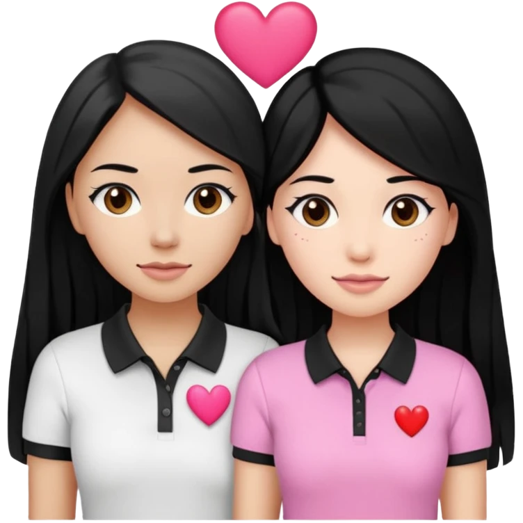 Dos mujeres juntas que una sea de color trigueña y de color blanca, cabello largo negro sea la de piel blanca y la de piel trigueña cabello castaño raya en medio, tengan polo blanco y negro y tengan un corazon rosado arriba emoji