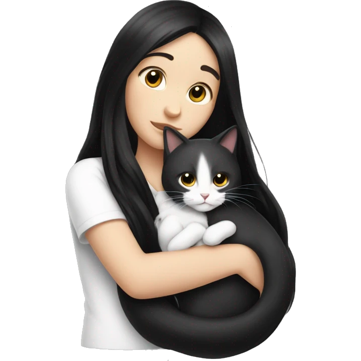 girl with very long black hair and  hugging a white cat emoji