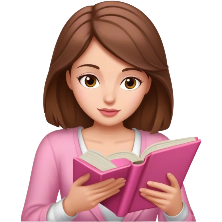 a brown haired, fair skinned female reader reading a pink romance novel emoji