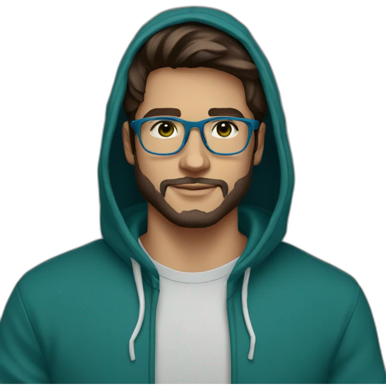 guy 26y.o., white transparent glasses, with a little beard, dark brown hair, dark green eyes in blue hoody emoji