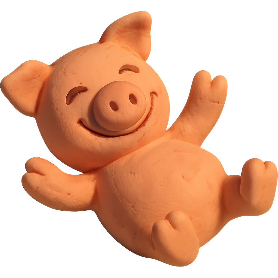 pig lying on its back, smiling, soft lighting, vibrant colors, claymation style emoji