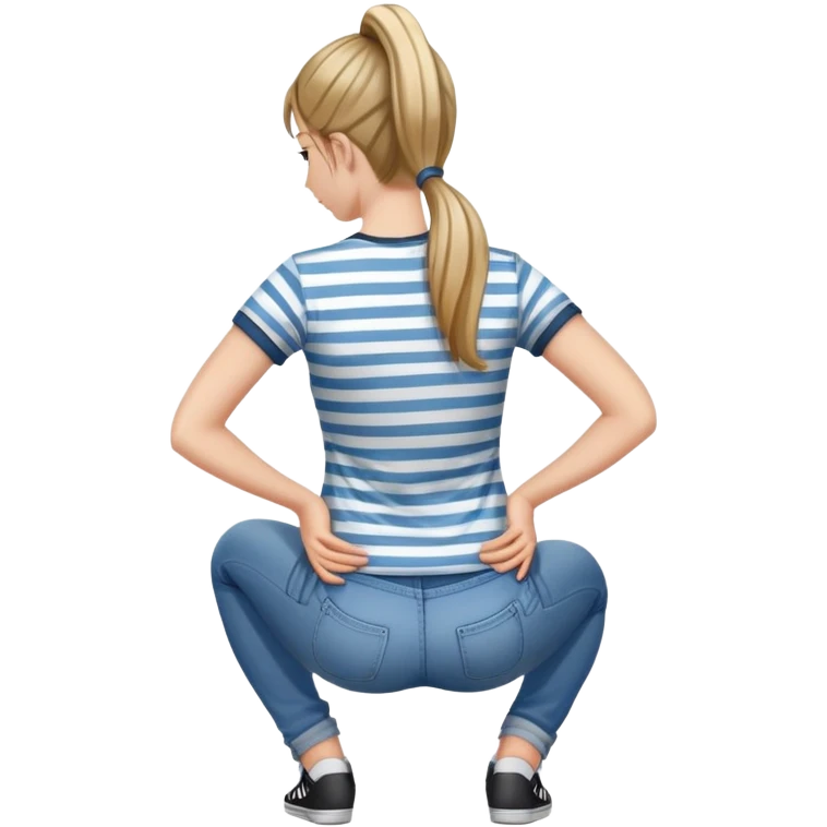 young woman with ponytail wearing jeans and striped t-shirt kneeling viewed from behind emoji