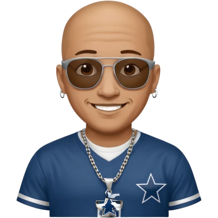 bald mexican cholo with square black oakley sunglasses no facial hair wearing a silver necklace with H on it and wearing cowboys jersey emoji