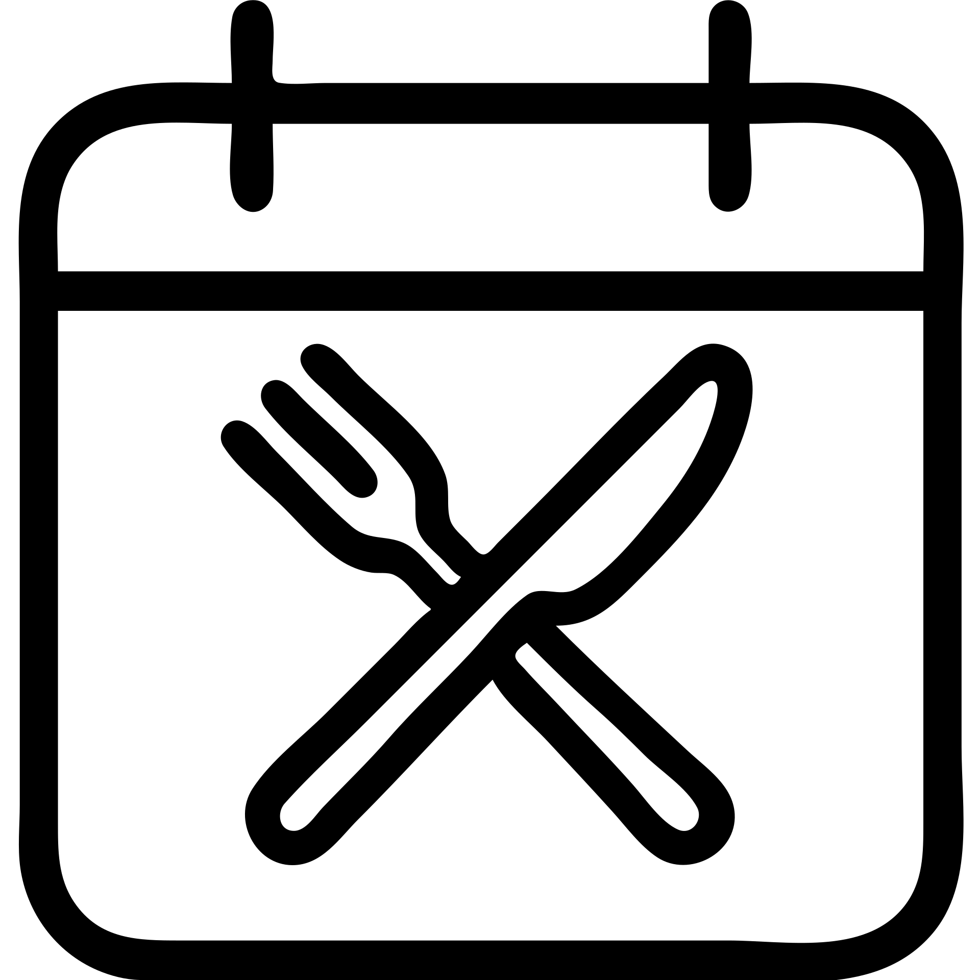 minimalistic bold black-and-white icon, square, flat, no gradients, calendar outline with a fork and knife crossed inside, modern geometric lines, inspired by Netflix and Lifesum, no background, vector style, suitable for dark and light mode emoji