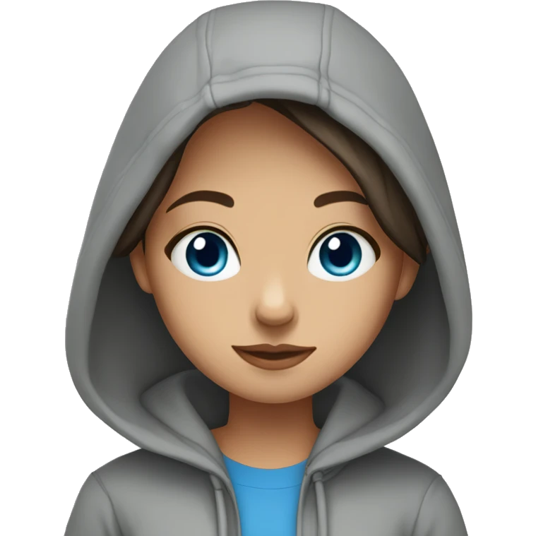a brunett girl with blue eyes and a grey hoodie leaned emoji
