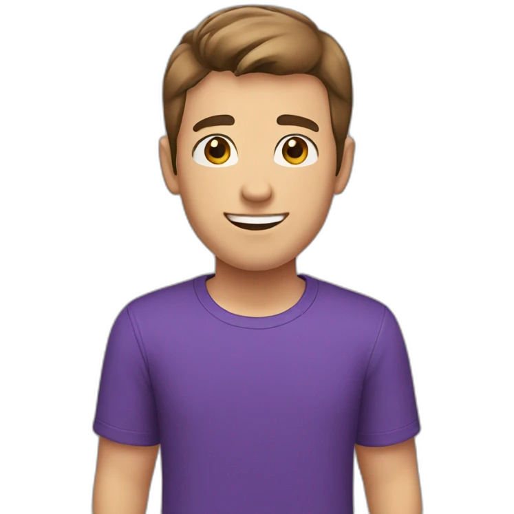 young man, greeting, brown short hair, purple t-shirt, white skin, head large emoji